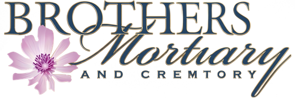 Brothers Mortuary and Crematory logo with pink flower and blue text