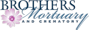 Brothers Mortuary and Crematory logo with pink flower and blue text