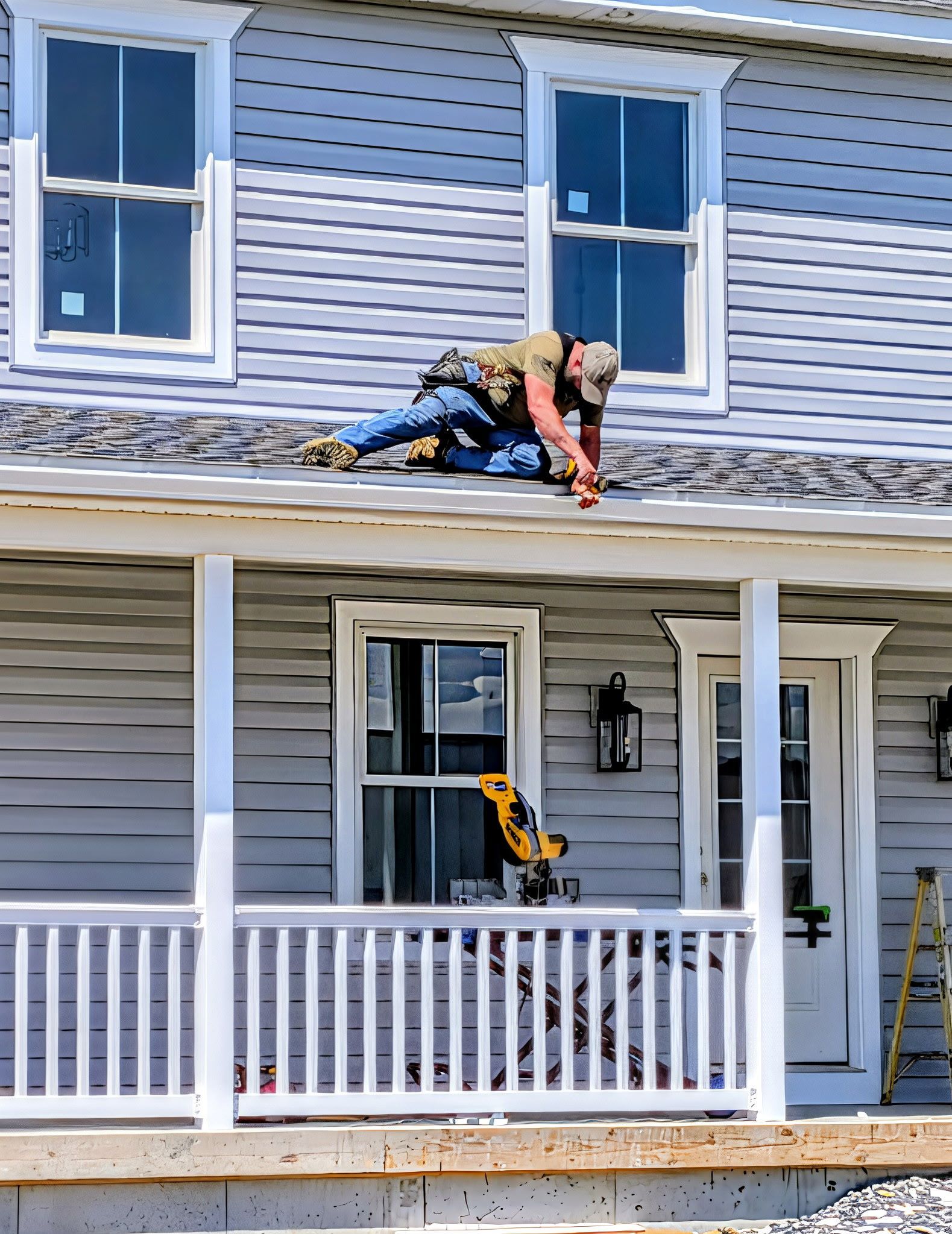 Workers on a lift repairing the exterior wall of a house under a clear sky. Workers on a lift repairing the exterior wall of a house under a clear sky.