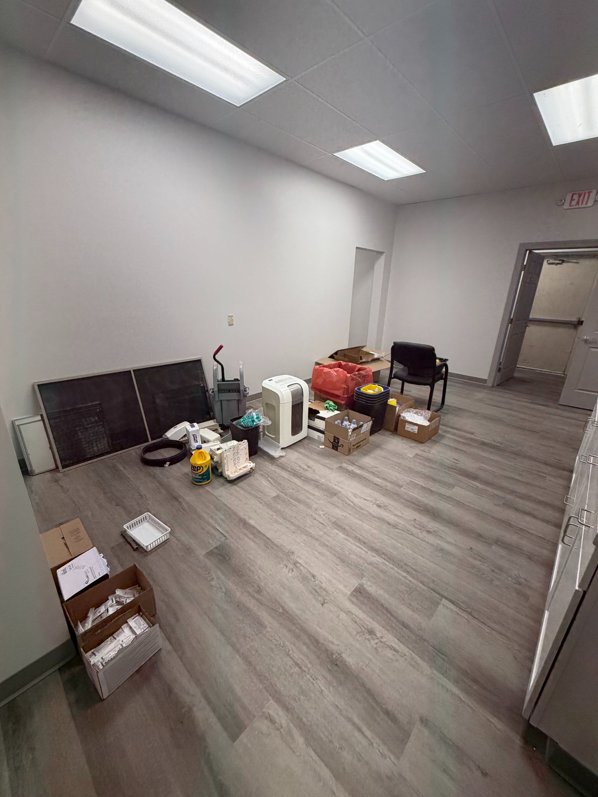 Bright empty room with stacked cardboard moving boxes, potted plant, and sunlight from large windows