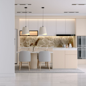 Modern white kitchen with island, pendant lights, beige chairs, and marble backsplash in a bright open space