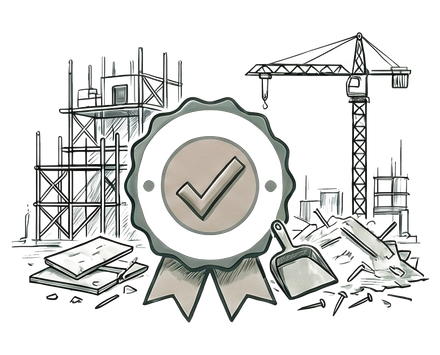 Award ribbon with checkmark in front of construction cranes and scaffolding, symbolizing project approval