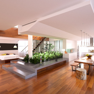 Modern open-plan living room with wood floors, white walls, indoor plants, and dining area