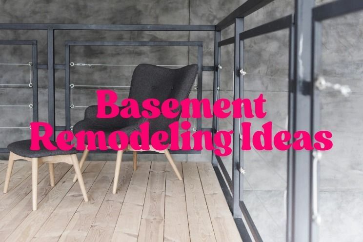 A chair and ottoman in a room with the words basement remodeling ideas