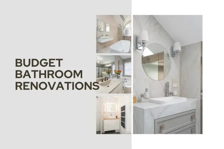 A collage of pictures of bathroom renovations on a white background.