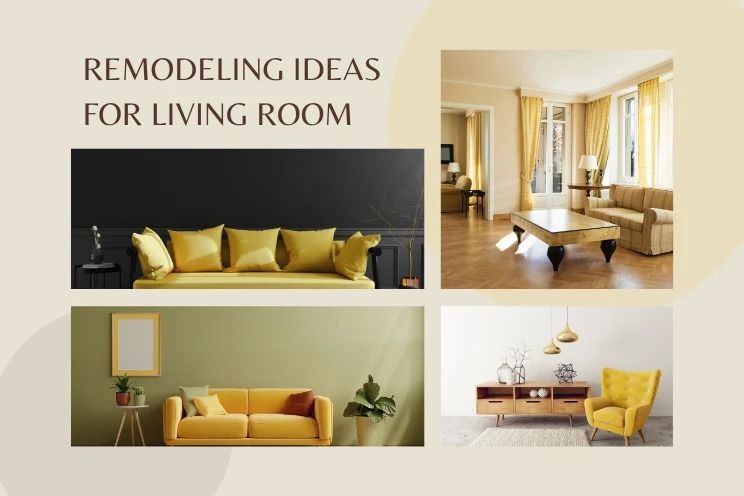 A living room with a yellow couch and a yellow chair