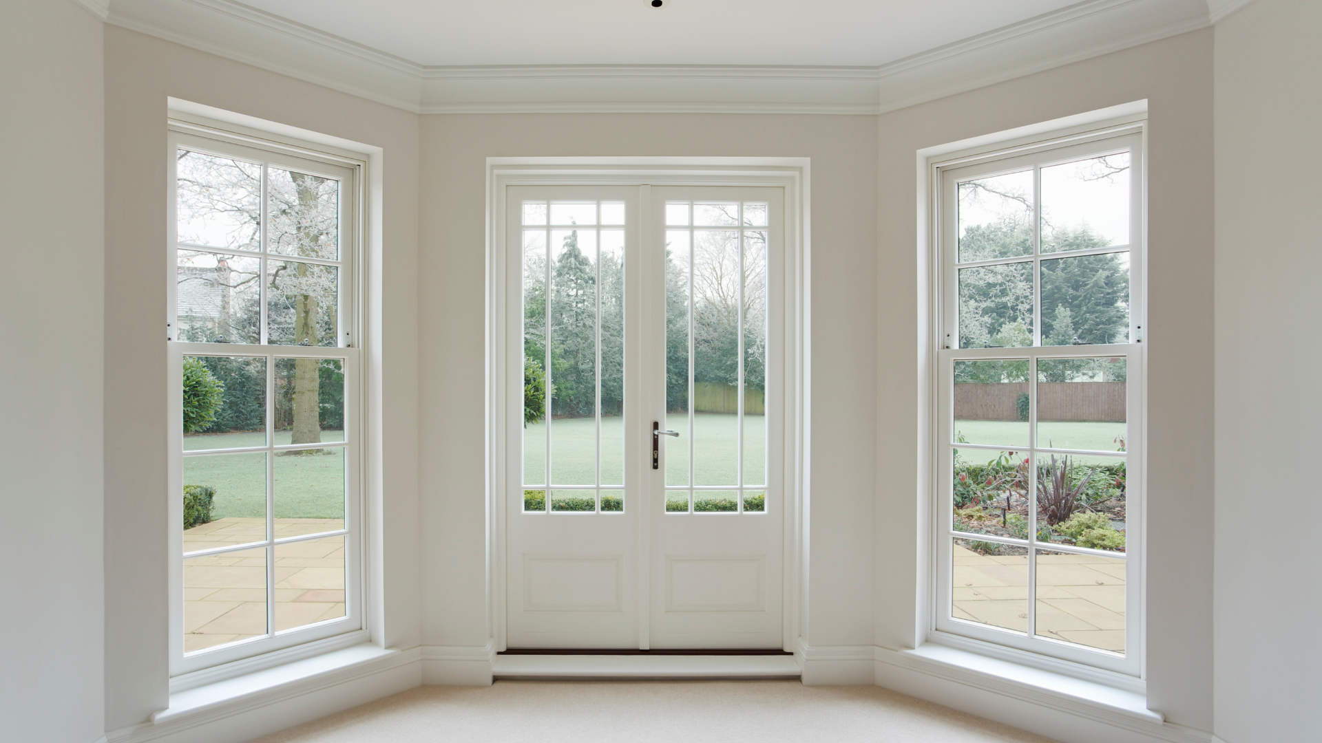 An empty sun room with lots of windows and doors leading to a deck.
