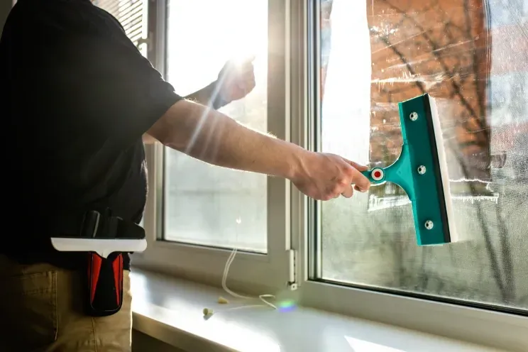 A man is cleaning a window with a squeegee.