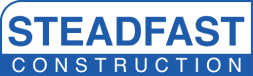 The logo for steadfast construction is blue and white.