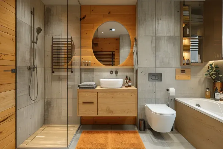 A bathroom with a sink , toilet , shower and bathtub.