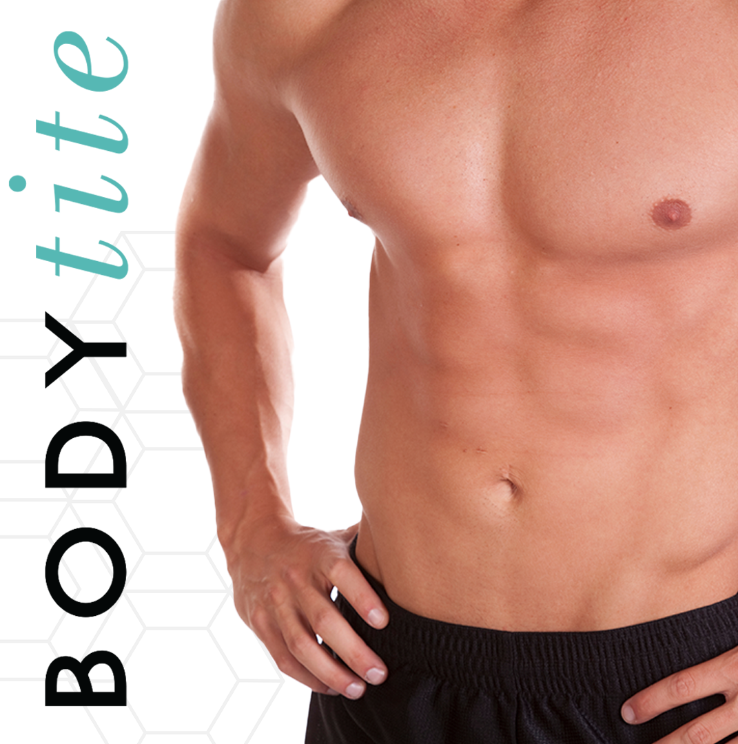 A shirtless man stands with his hands on his hips in front of a body title logo