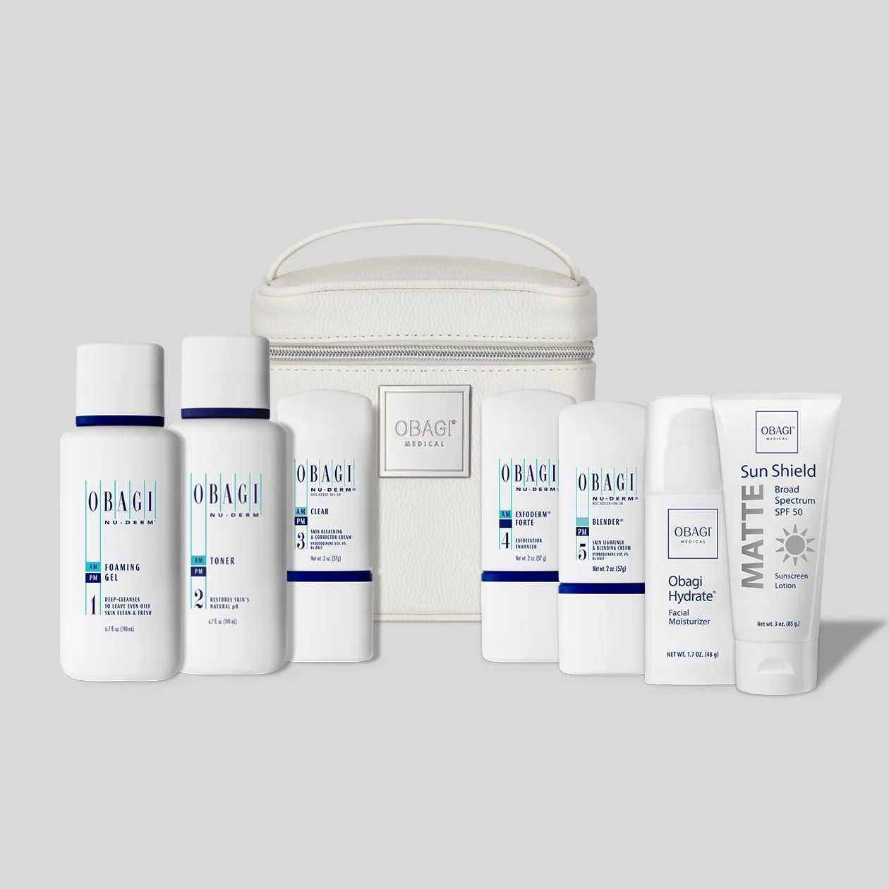 A set of Obagi skincare products in a white case