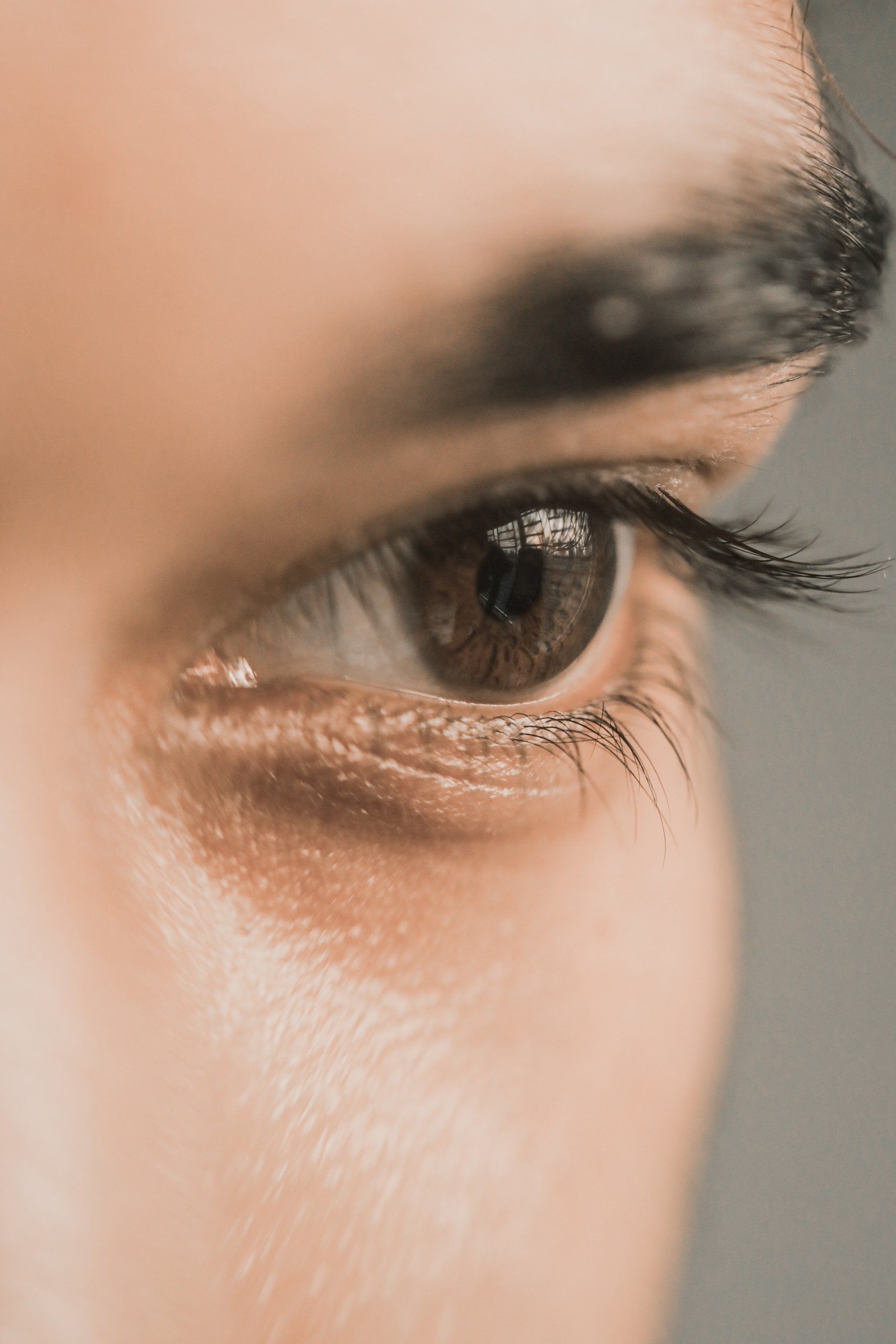 A close up of a woman 's brown eye with long eyelashes.