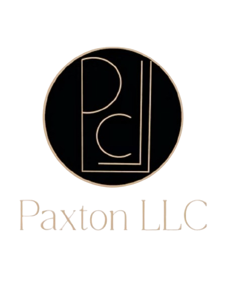 Logo for Paxton LLC: Black circle with gold outline and the letters 