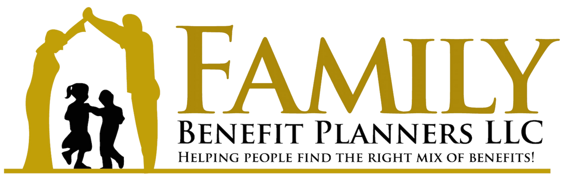 Logo: Family Benefit Planners. Silhouette of family under arch. Gold and black text.