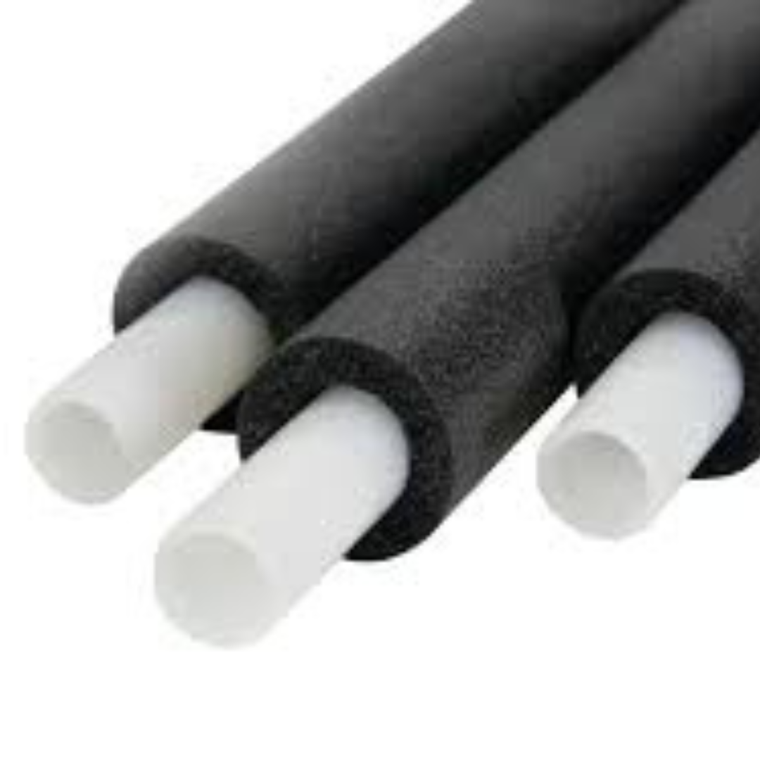 Three black pipes with white ends are sitting next to each other on a white surface.