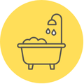 An icon of a bathtub with foam coming out of it on a yellow background.