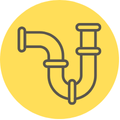 A line drawing of a plumbing pipe in a yellow circle.
