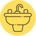 A line drawing of a sink with a faucet on a yellow background.