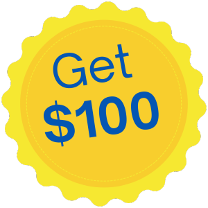 A yellow and blue sticker that says get $ 100