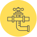 A line drawing of a faucet with a handle on a yellow circle.
