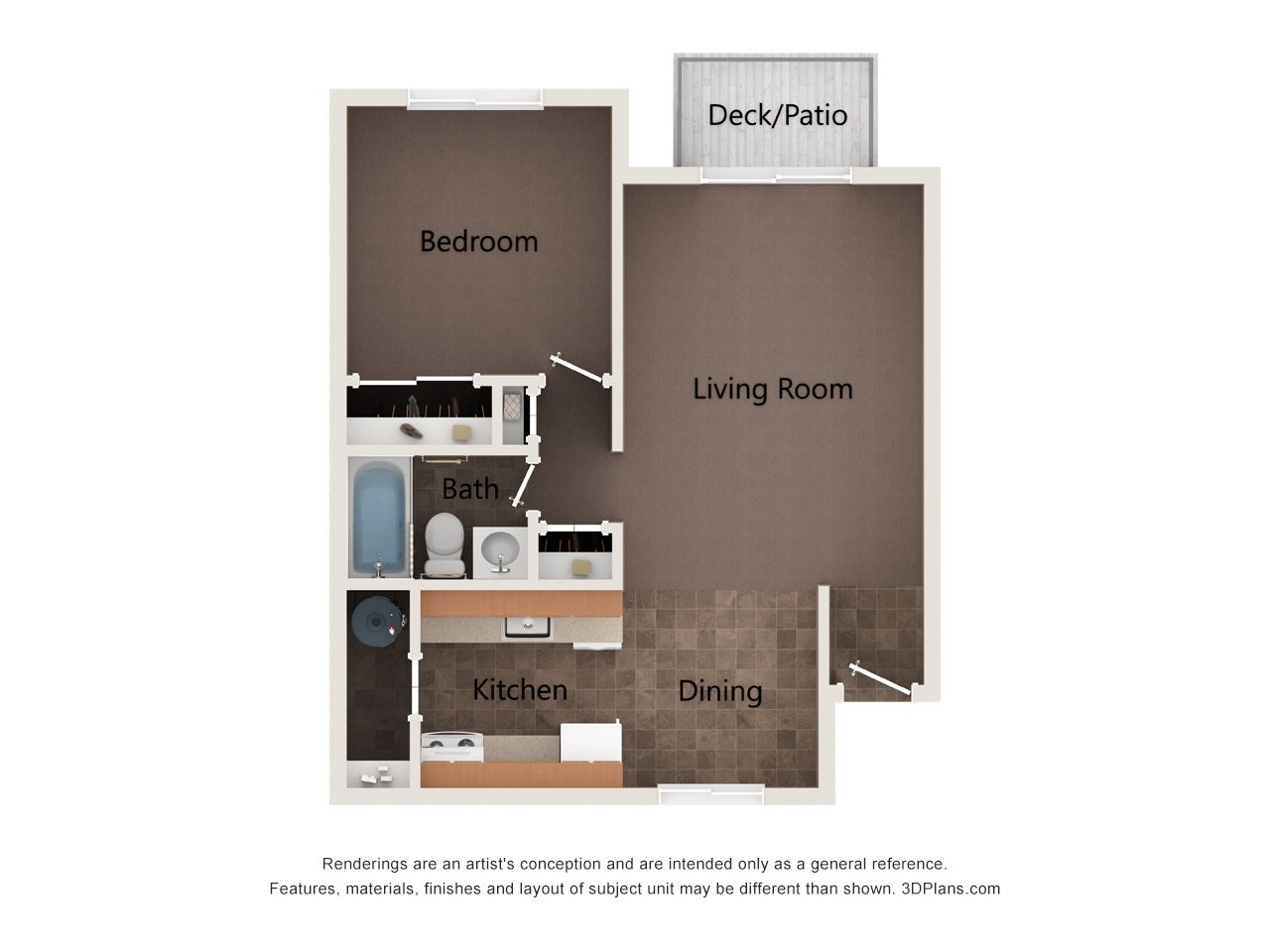 Floor plan of an apartment showing a bedroom, bathroom, kitchen, living room, and deck/patio.