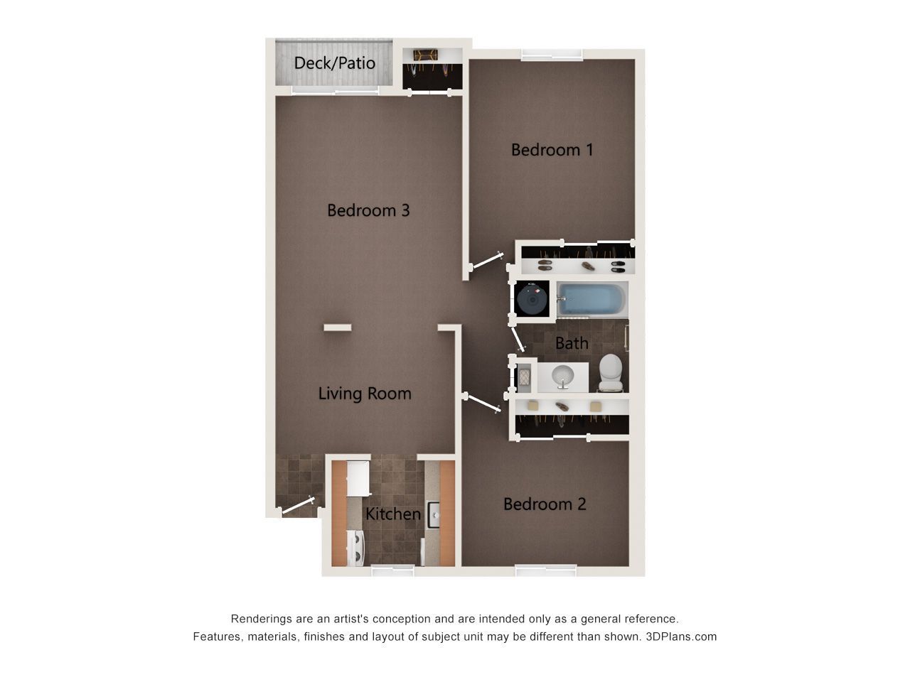 Floor plan of a three-bedroom apartment layout with a kitchen, living room, and deck.