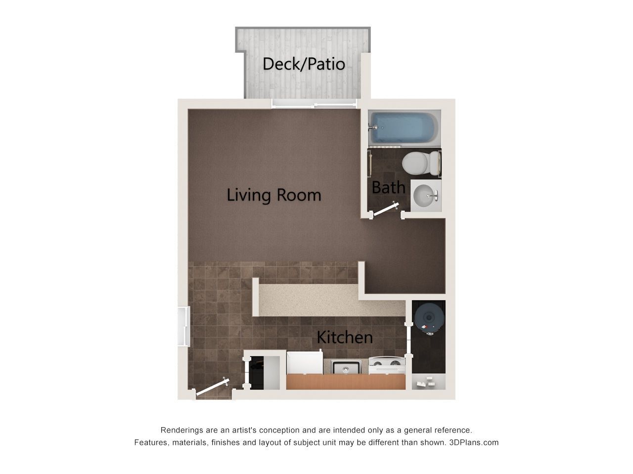 Floorplan of a studio apartment with living room, kitchen, bath, and deck/patio.