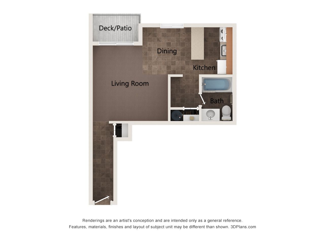 Floor plan of a studio apartment with a living room, dining area, kitchen, bathroom, and deck/terrace.