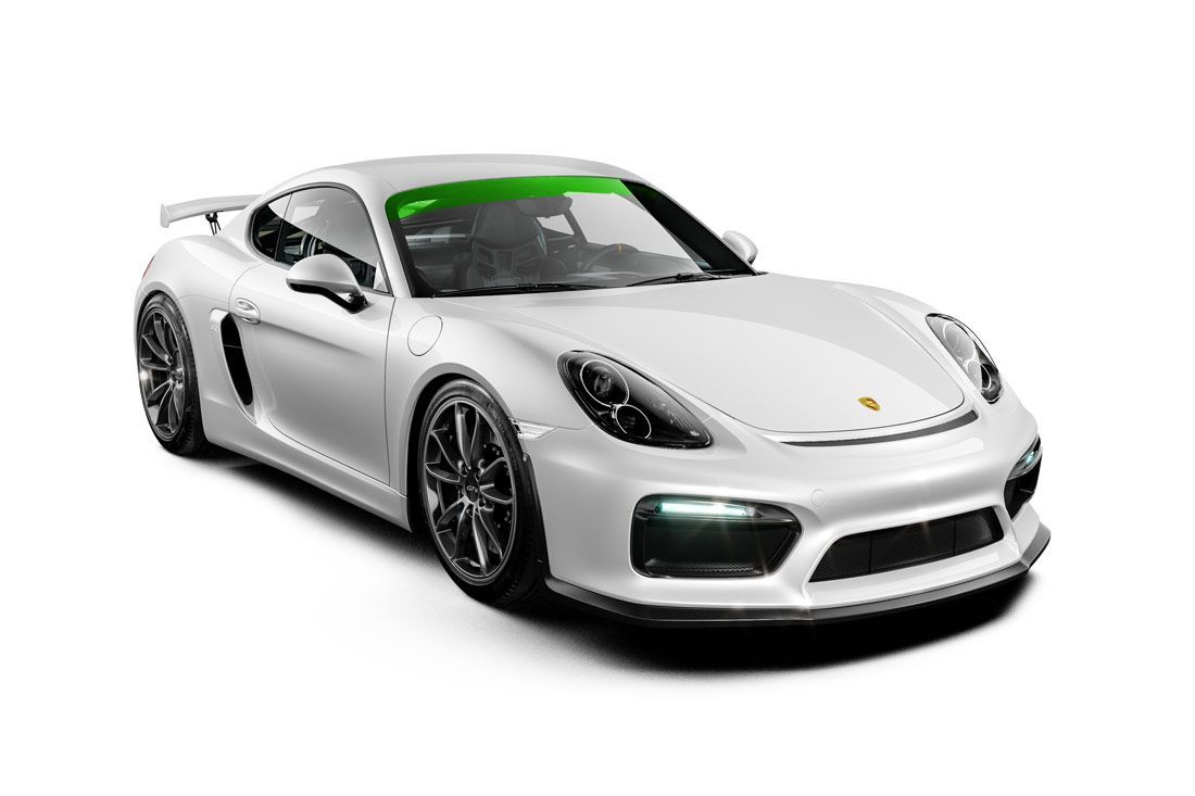 White Porsche sports car, green windshield tint, black wheels, front view.