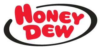 The honey dew logo is red and black on a white background
