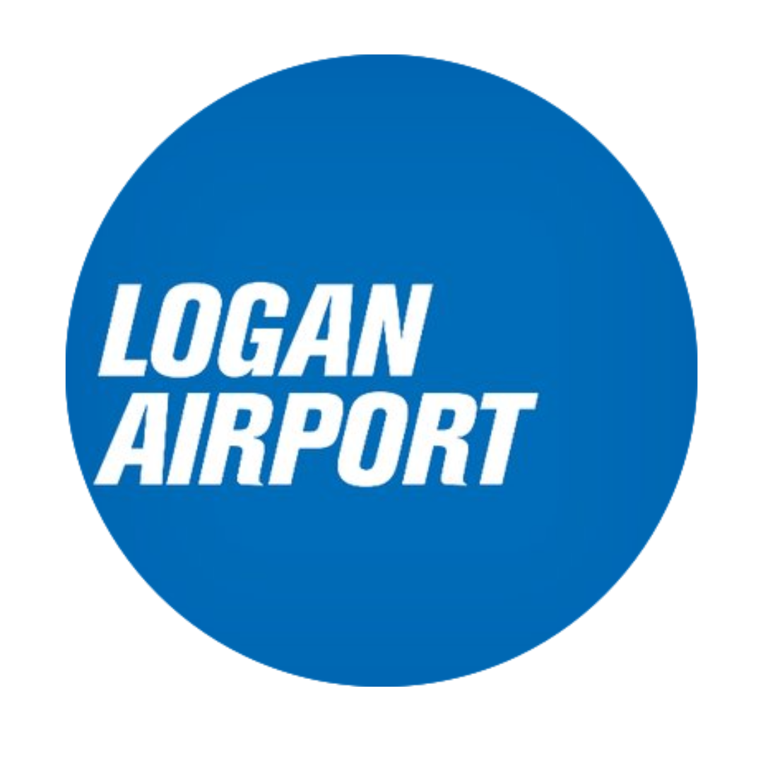 Logan airport logo in a blue circle on a white background