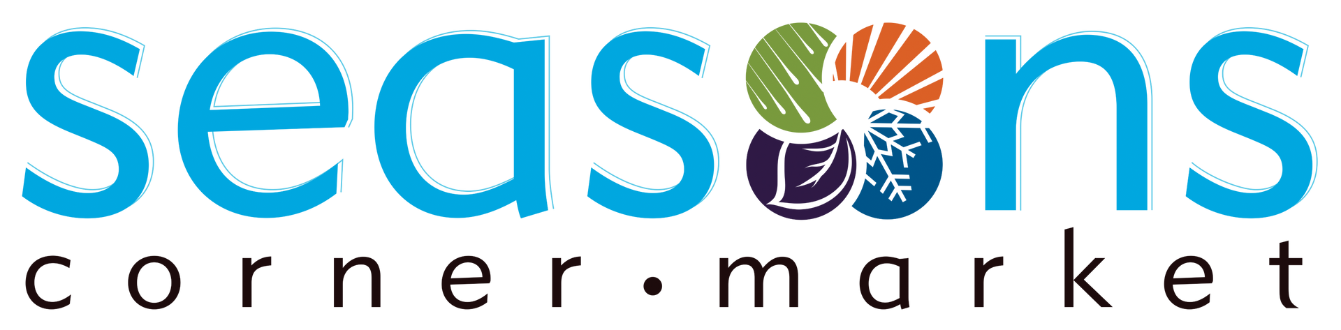 The logo for seasons corner market is blue and white