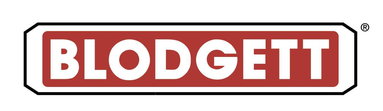 A red and white logo for blodgett on a white background