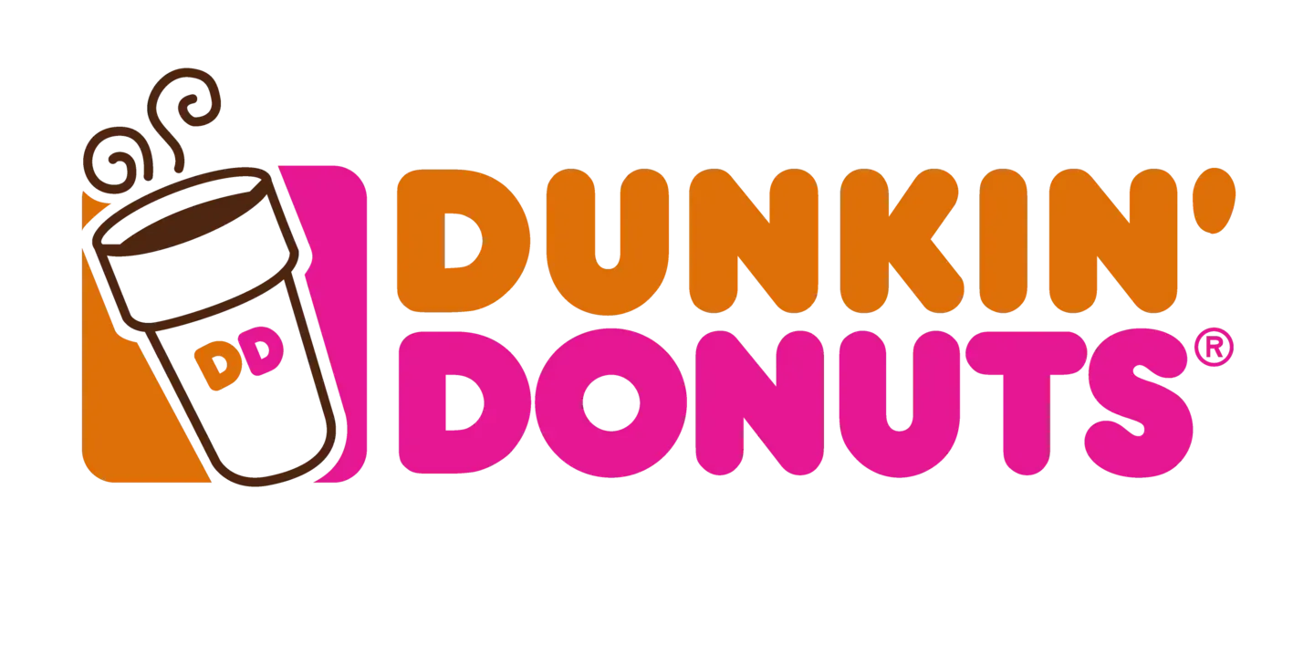 A dunkin donuts logo with a cup of coffee on it
