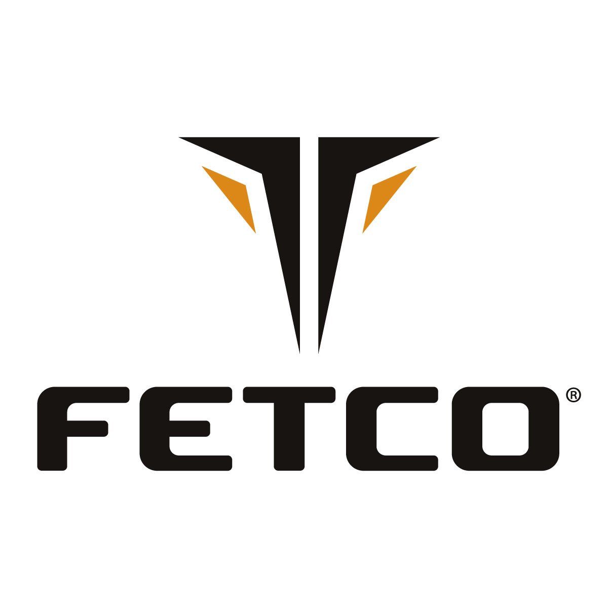 The logo for fetco is black and orange and looks like a triangle.