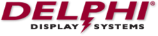 A red and black logo for delphi display systems