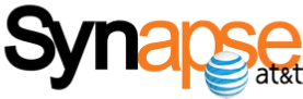 An orange and black logo for synapse at & t