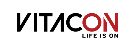 The vitacon logo is black and red and says life is on.
