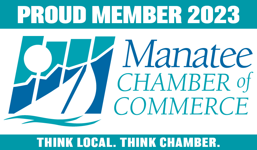 A blue and white logo for the manatee chamber of commerce