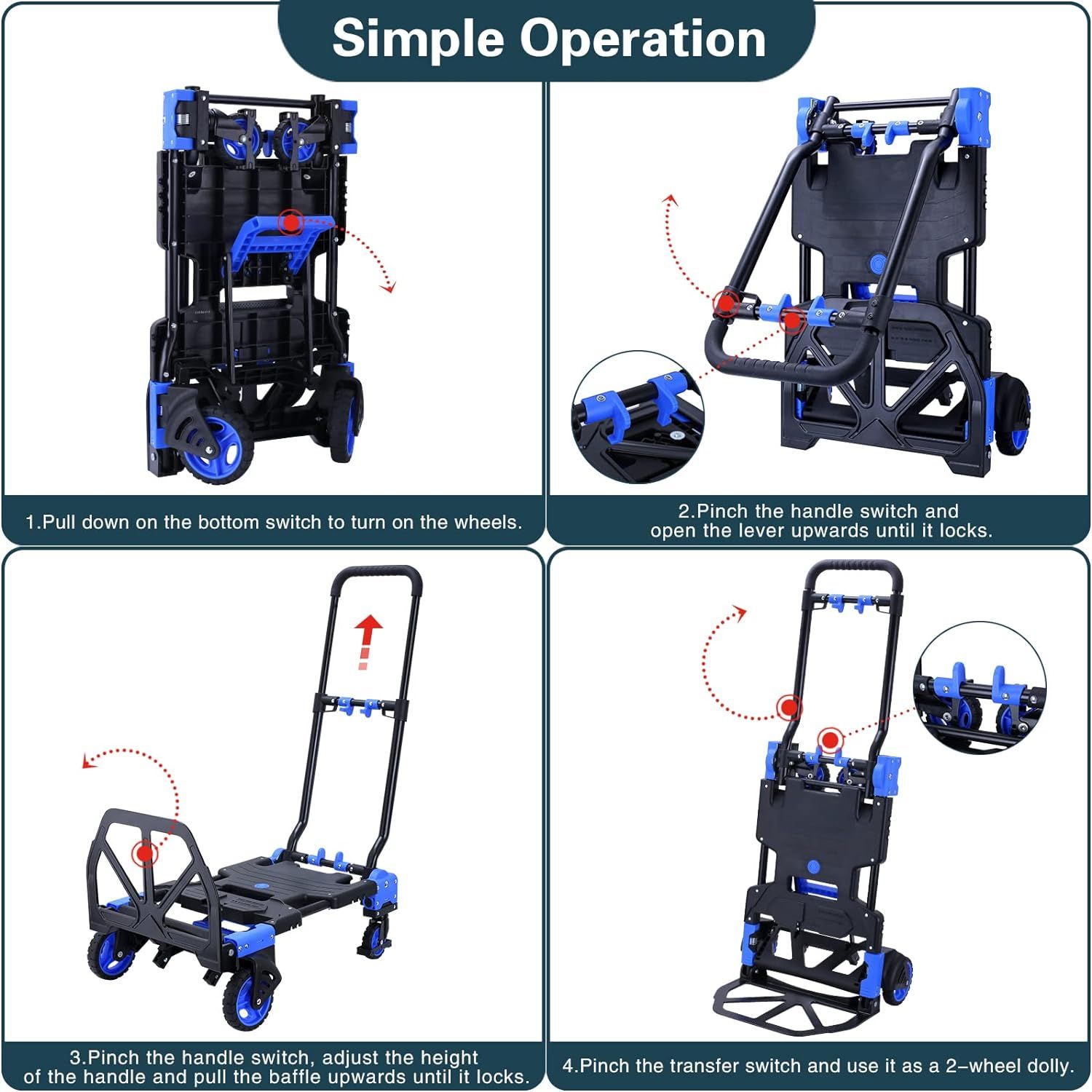 A picture of a folding cart with instructions on how to use it.