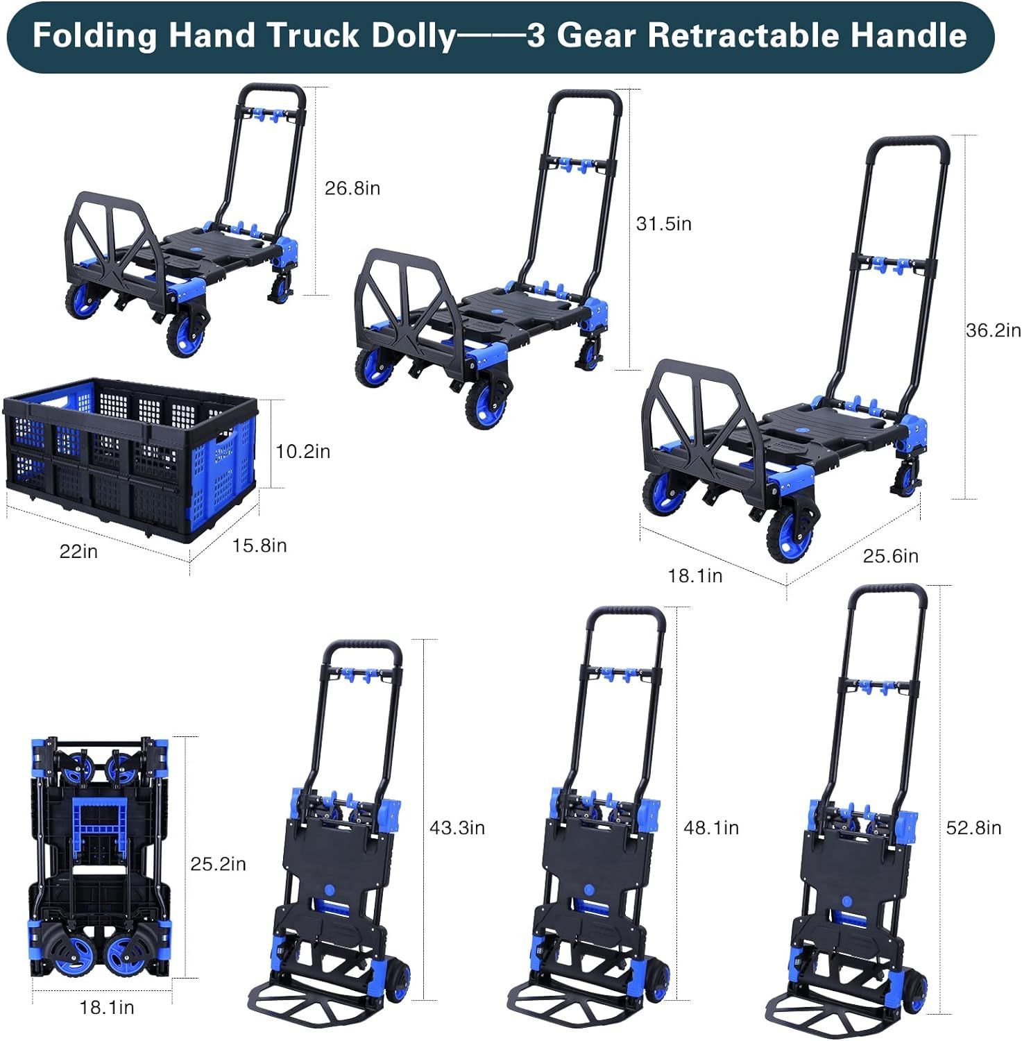 A folding hand truck dolly with a 3 gear retractable handle