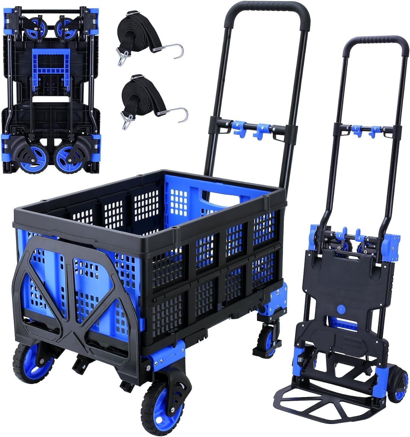 A folding cart with a blue crate and blue wheels.