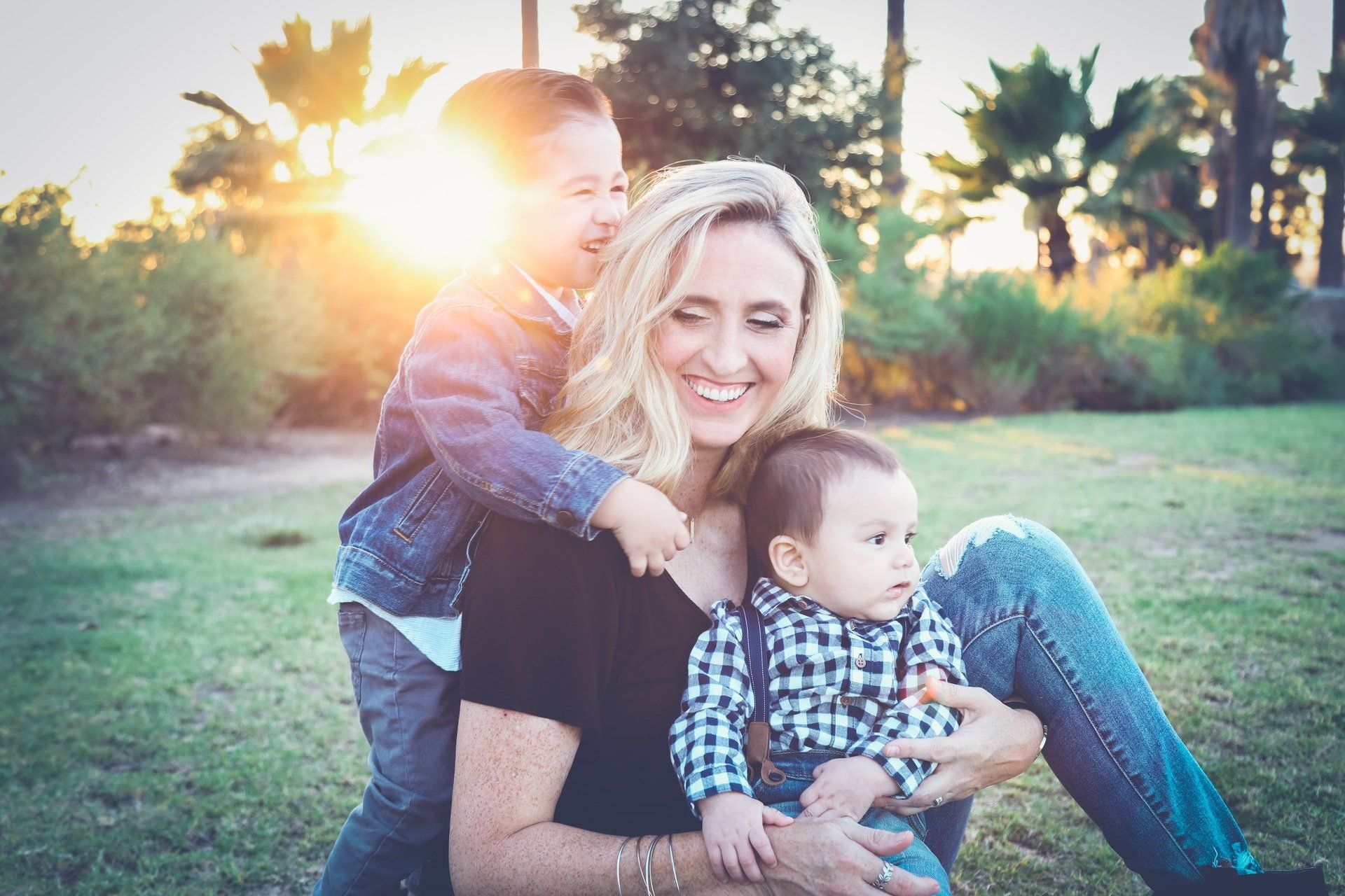 Mom and kids at sunset