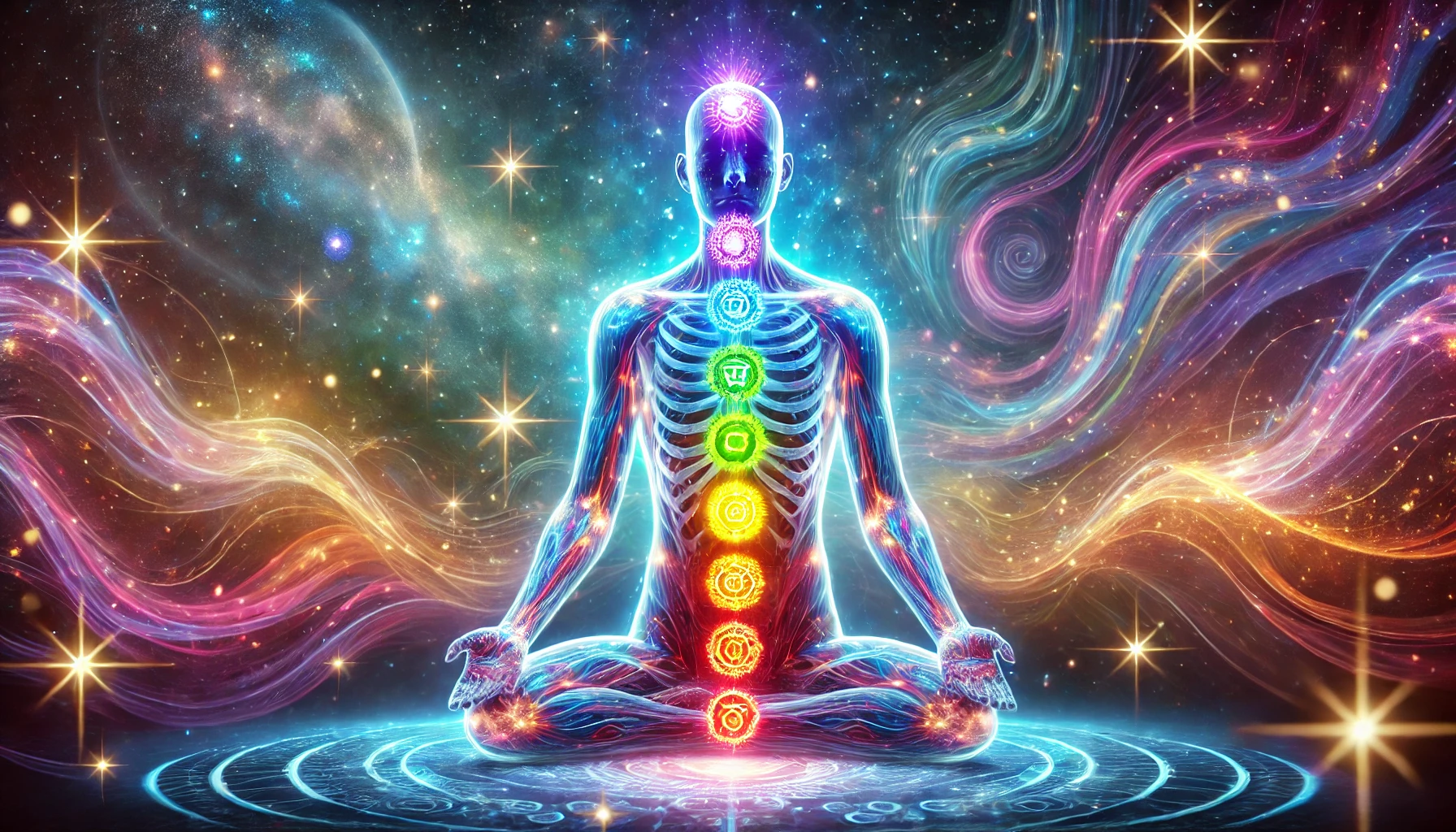 A man is sitting in a lotus position with chakras around his body.