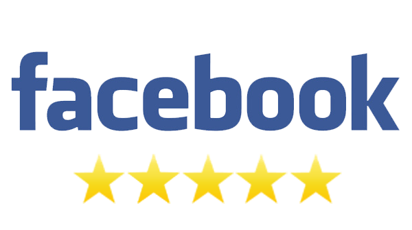 Blue “facebook” wordmark above five gold stars on a white background