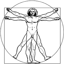 A black and white drawing of a man in a circle with his arms outstretched.