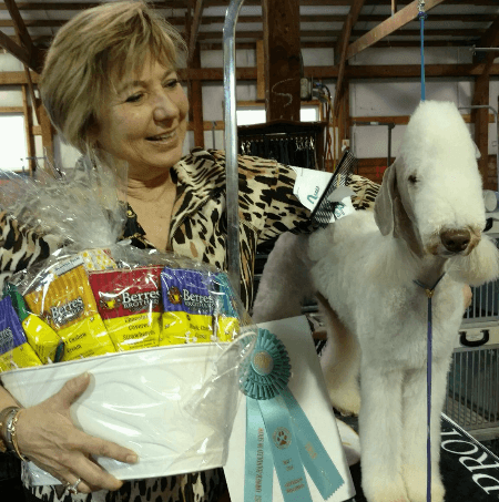 Woman with a Bedlington Terrier, holding a basket of snacks and a blue ribbon. They are inside a building that appears to be a dog show.