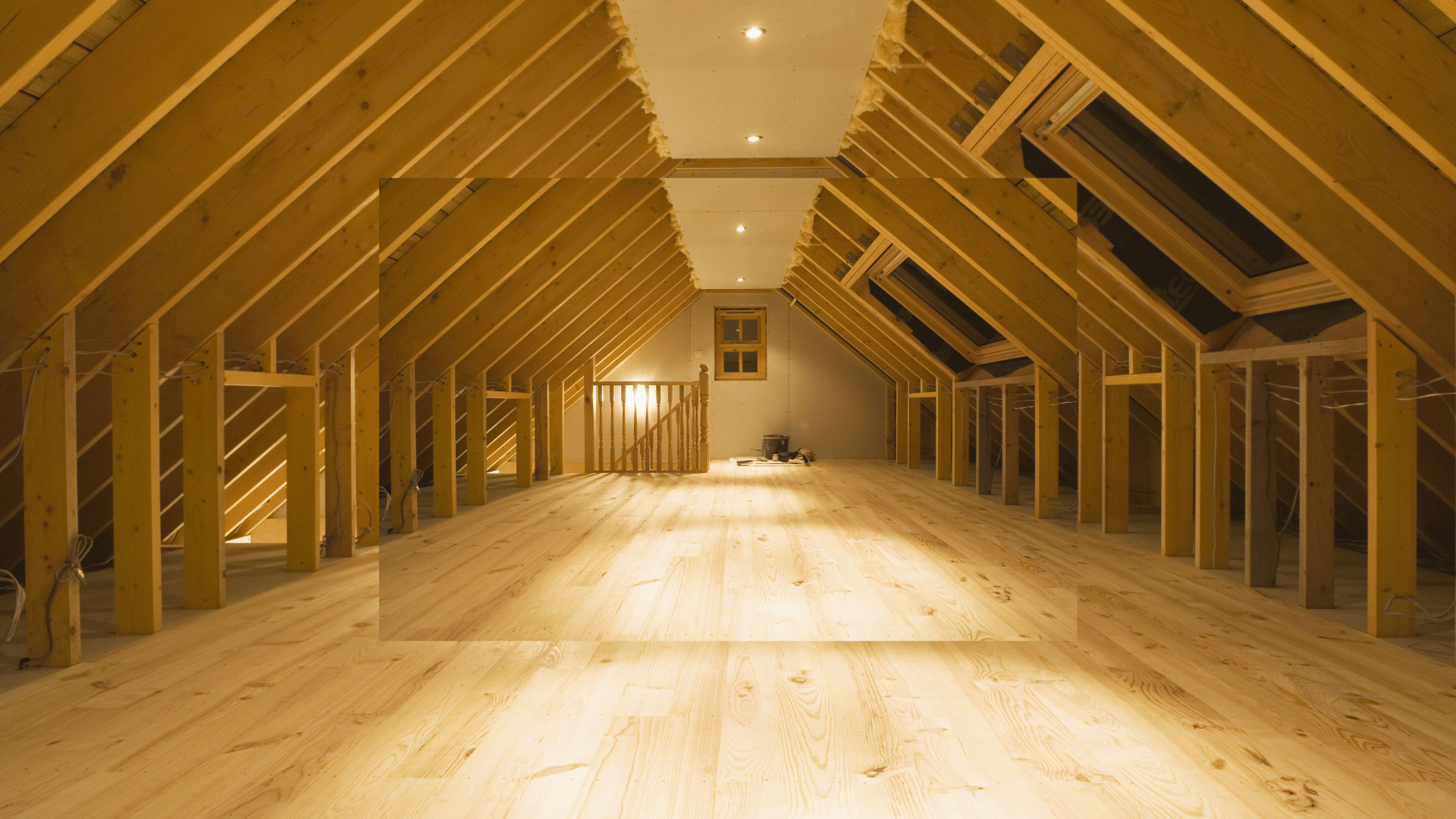 An empty attic with wooden beams and a wooden floor.