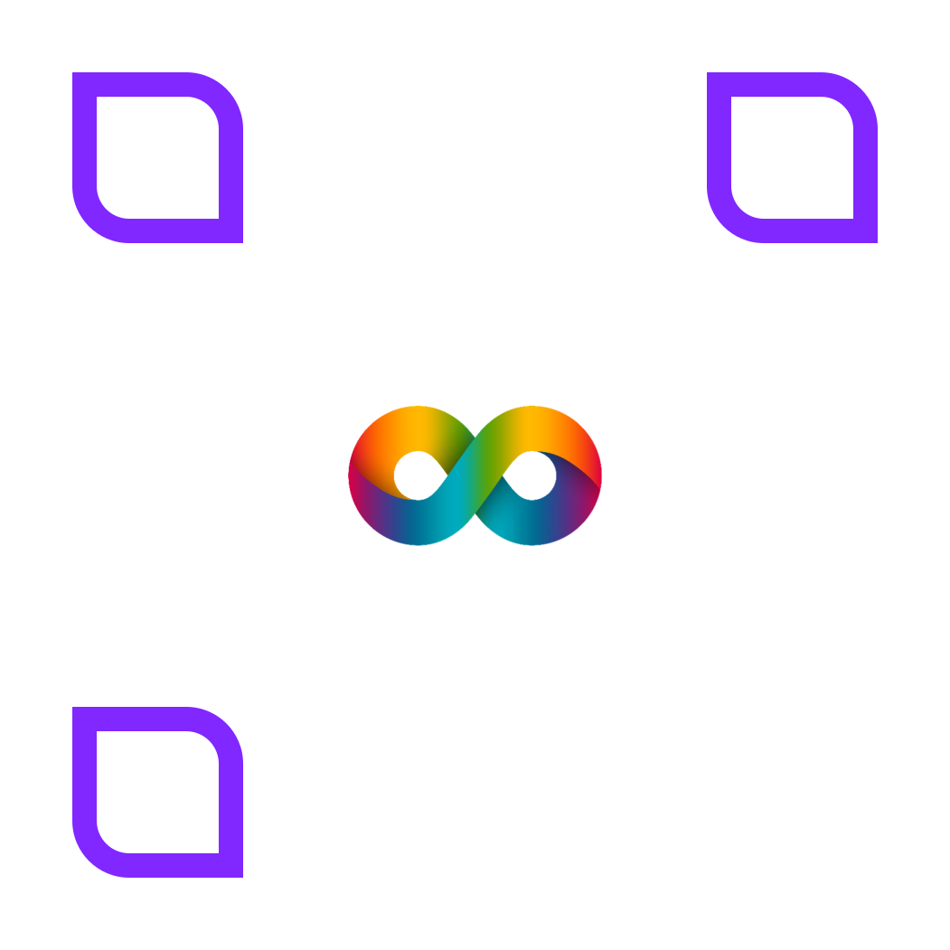 A rainbow colored infinity symbol is surrounded by purple squares on a white background.